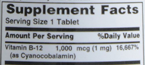 Label close-up of Nature's Bounty B-12 1000 mcg tablets