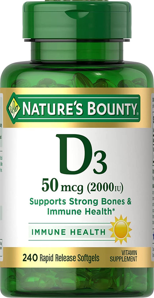 Bottle of Nature's Bounty Vitamin D3 2000 IU softgels