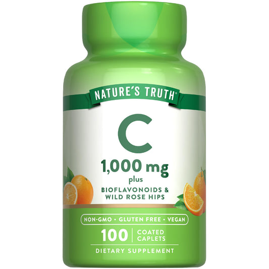 Front view of Nature's Truth Vitamin C 1000mg bottle with Bioflavonoids and Rose Hips – 100 caplets