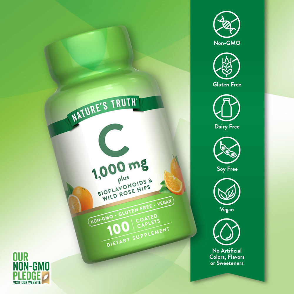 Close-up of coated Vitamin C caplets highlighting 1000mg potency