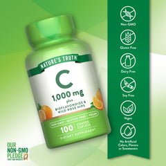 Close-up of coated Vitamin C caplets highlighting 1000mg potency