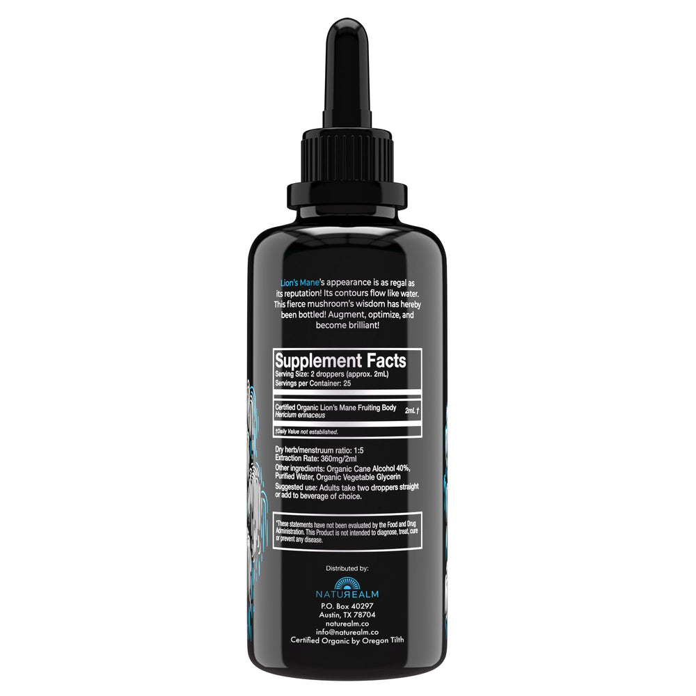 Close-up of Naturealm Lion's Mane tincture bottle label