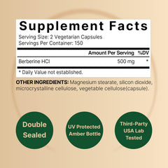 Close-up of Berberine capsules showing 500mg serving