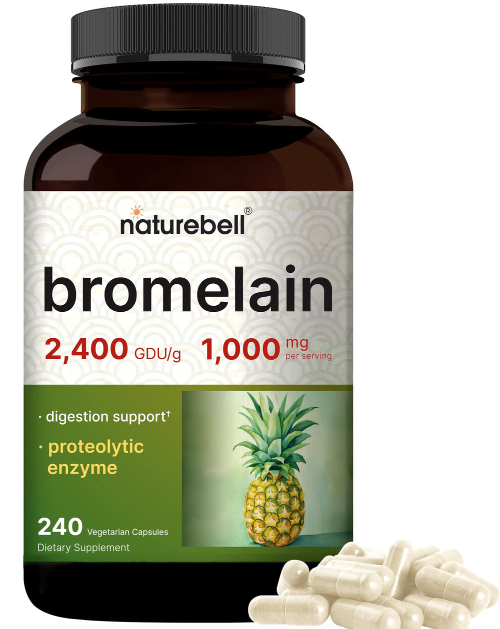 NatureBell Bromelain bottle with 1,000mg per serving and 240 capsules