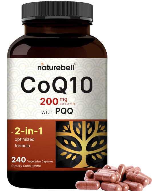 Front view of NatureBell CoQ10 200mg with PQQ bottle and 240 veggie capsules