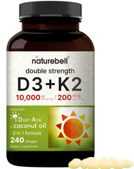 Bottle of NatureBell Vitamin D3 10,000 IU + K2 200 mcg softgels with coconut oil