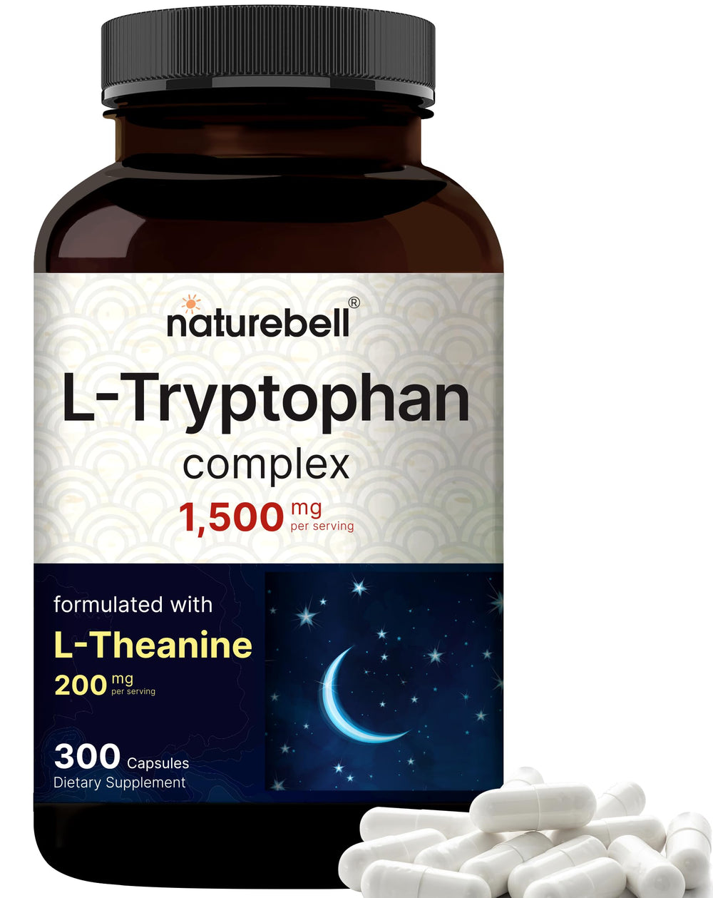 NatureBell L-Tryptophan 1300mg + L-Theanine 200mg bottle and capsules