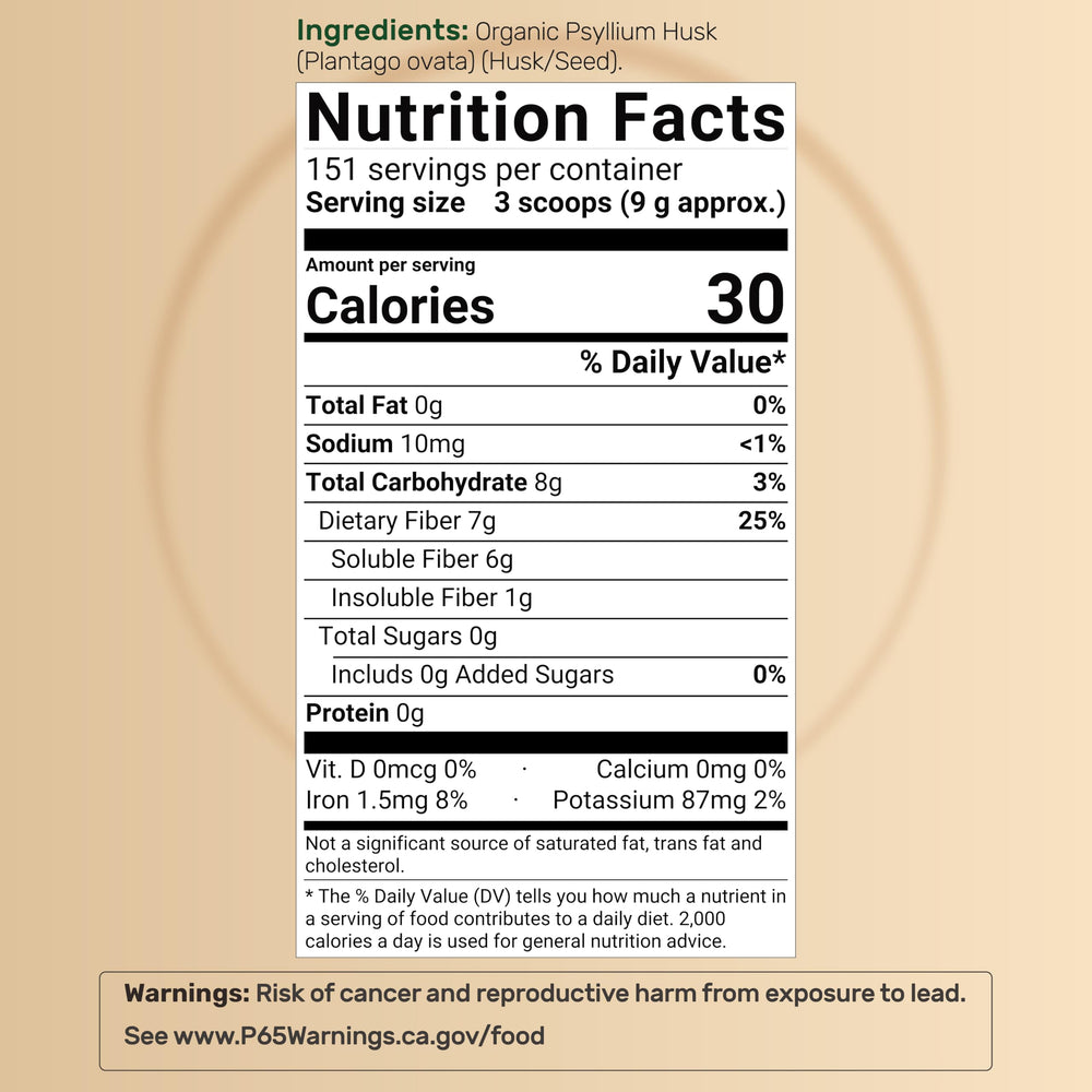 Organic psyllium husk fiber powder packaging indicating non-GMO and gluten-free