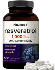NatureBell Resveratrol bottle with 180 veggie capsules on white background