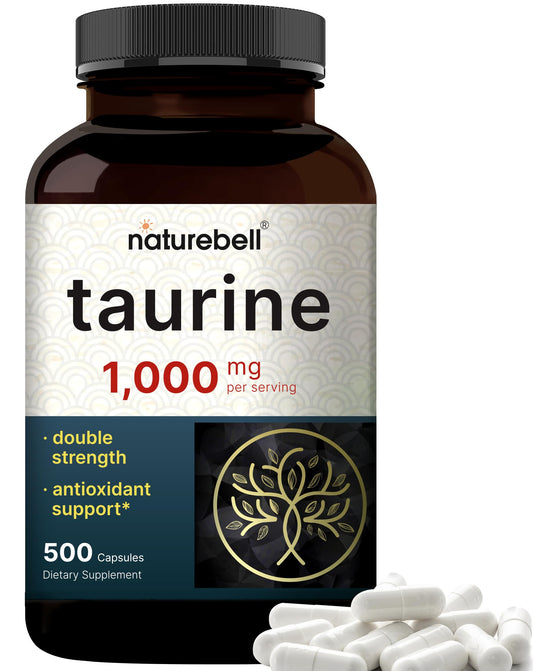 NatureBell Taurine 1,000mg per serving capsules in a 500-count bottle