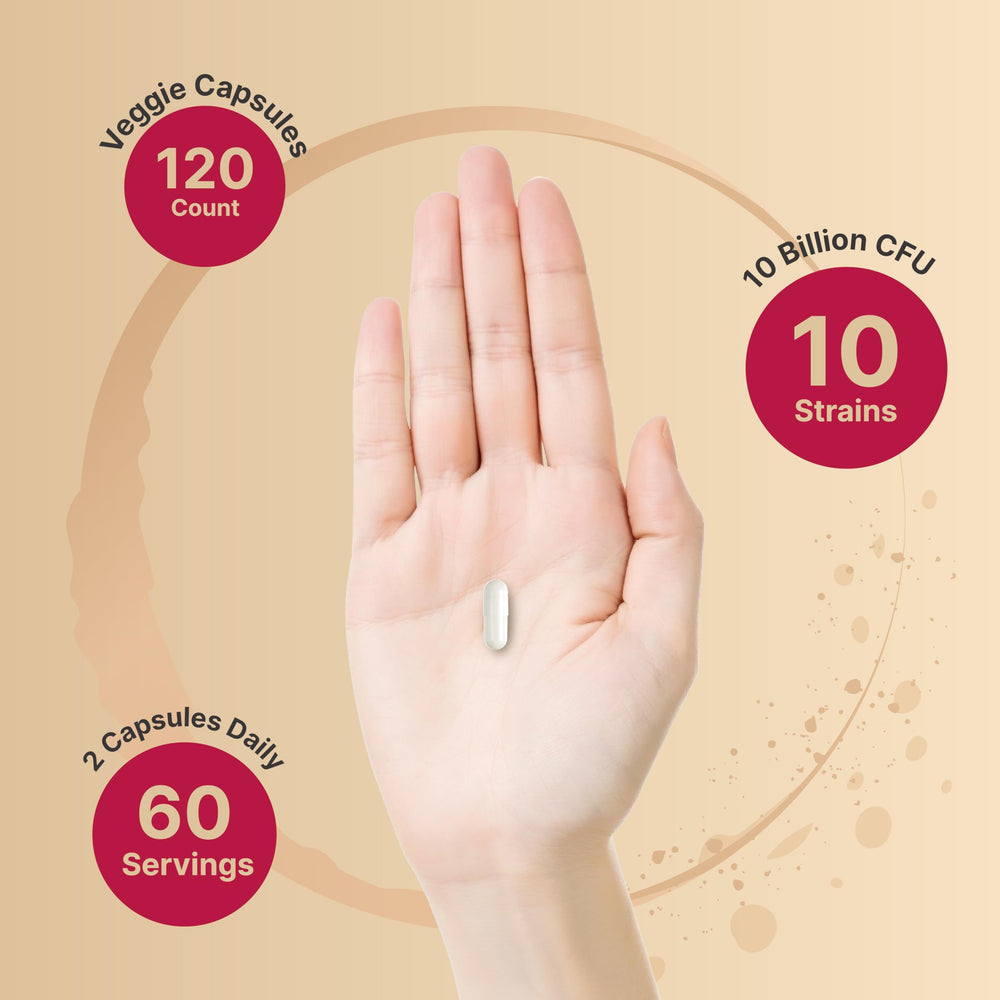 Label displaying 10B CFU and 120 capsules on NatureBell bottle