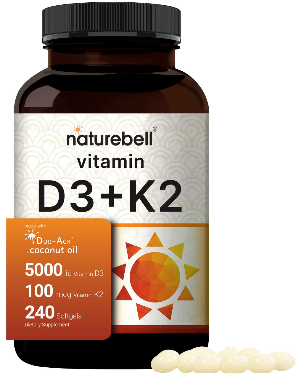 Front view of NatureBell Vitamin D3 5000 IU + K2 100 mcg softgels bottle