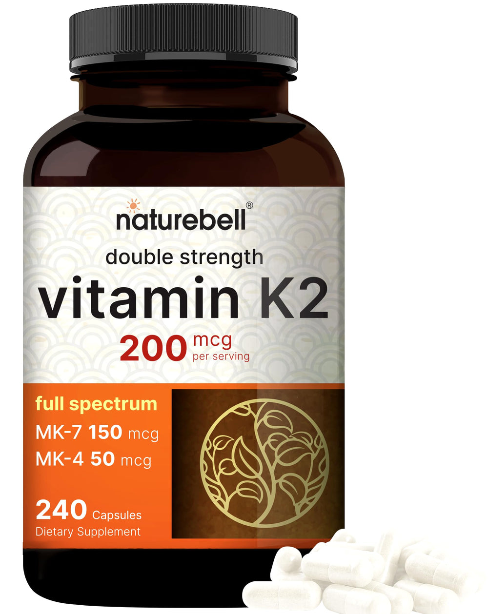 NatureBell Vitamin K2 MK-7 & MK-4 200 mcg, 240 capsules bottle – hero image