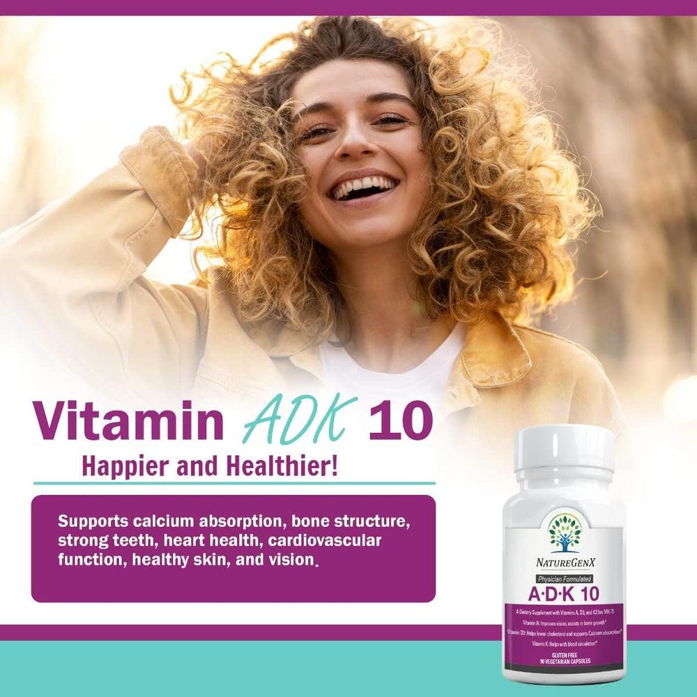 NatureGenX ADK10 ingredients close-up, high potency A and K2 per serving.