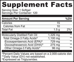 Product label highlighting 1100 mg Omega-3 per softgel (EPA + DHA)