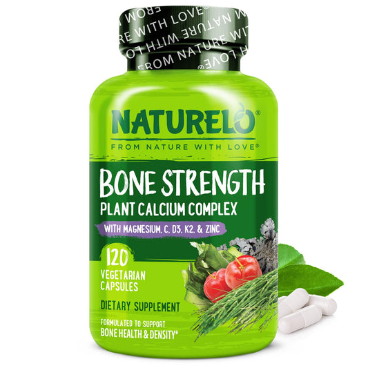 Bottle of NATURELO Bone Strength calcium supplement with 600 mg calcium label