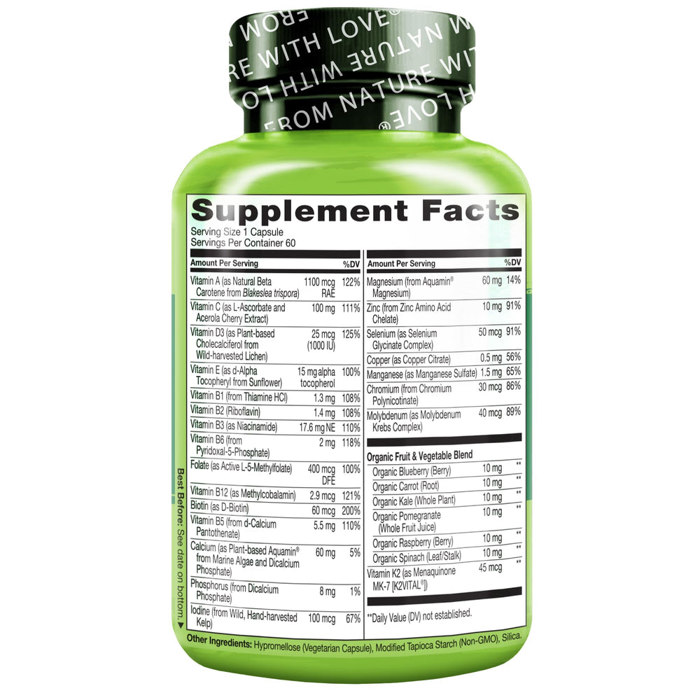 Non-GMO and gluten-free label on Naturelo multivitamin