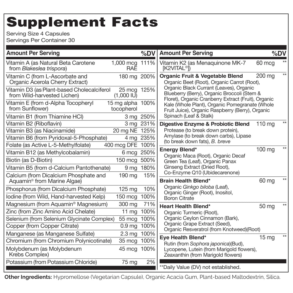 Naturelo multivitamins ingredients label displays diverse plant nutrients.