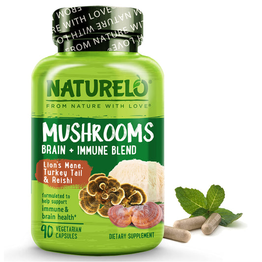 Naturelo mushroom supplement brain and immune blend front packaging
