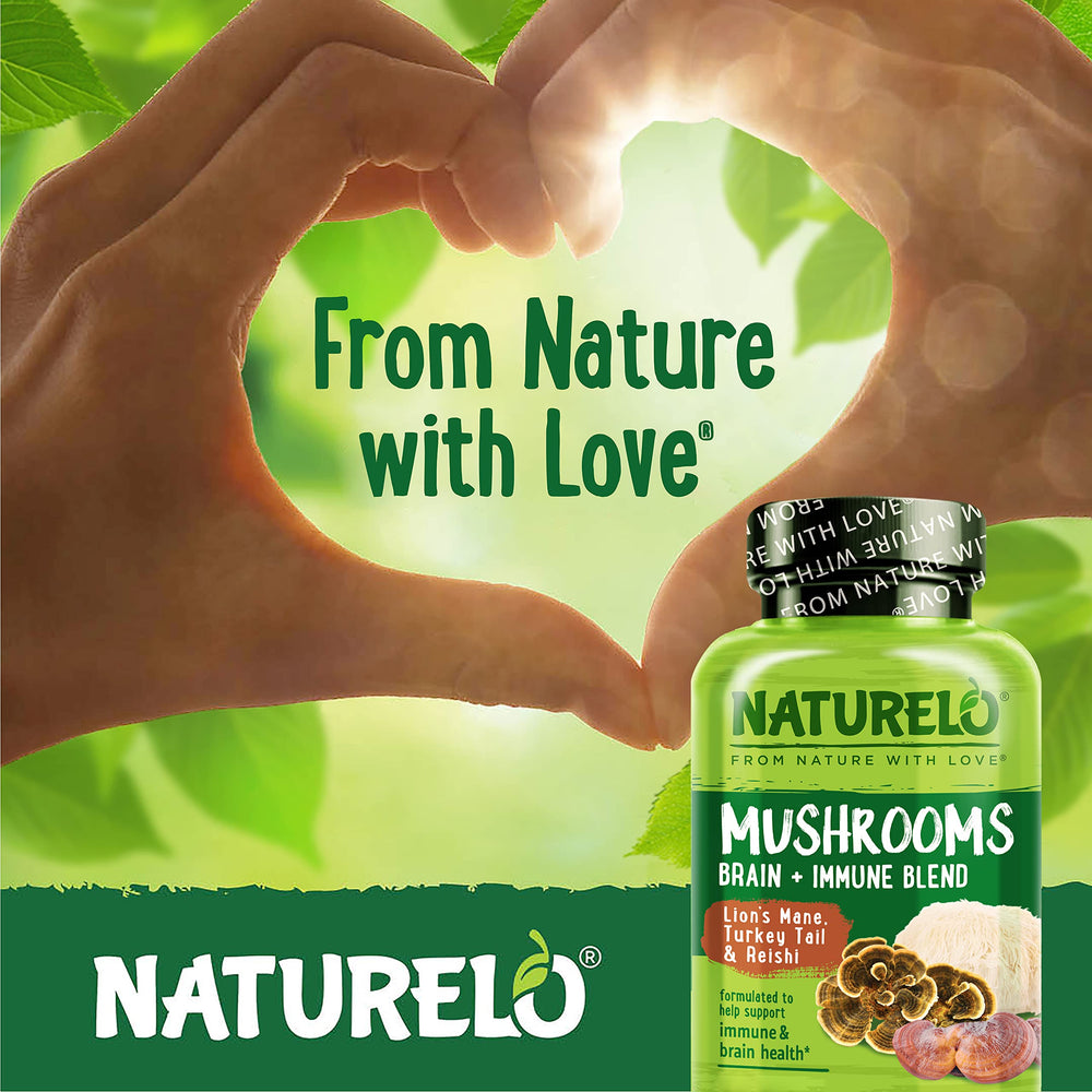 Vegan-friendly Naturelo mushroom supplement capsules