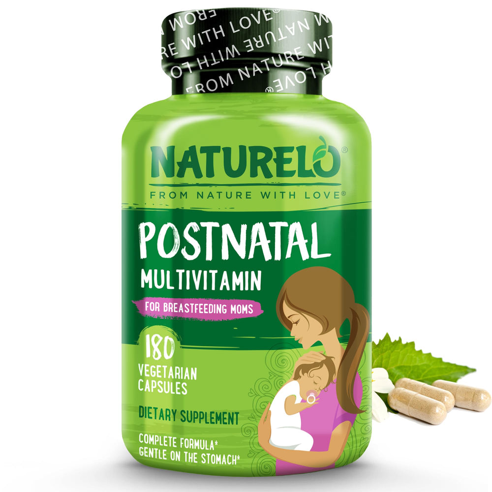 Naturelo Postnatal Multivitamin bottle front, supports daily nutrition for breastfeeding moms.