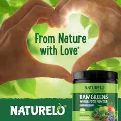 Glass bottle of NATURELO Raw Greens Powder 240g Mixed Berry
