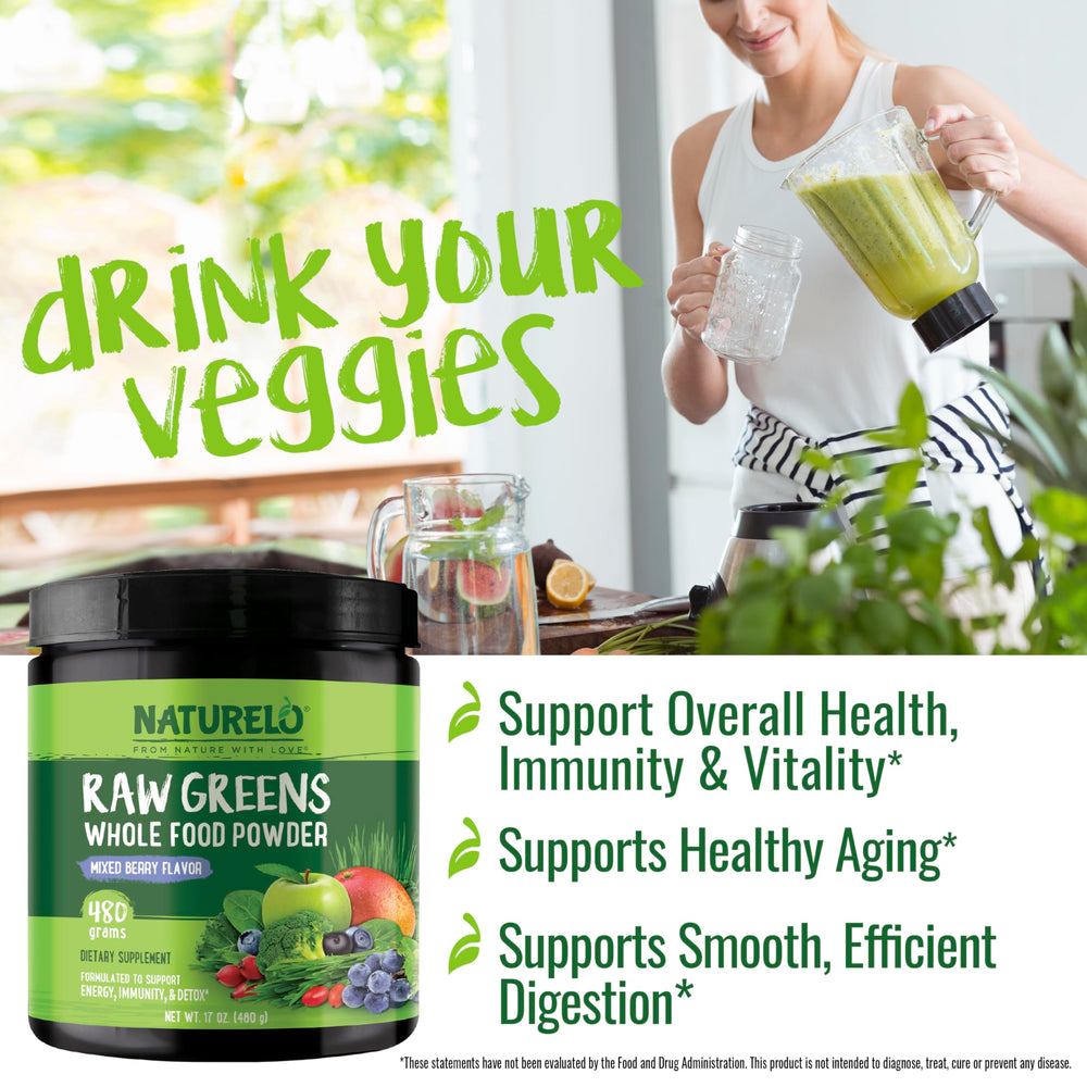 Naturelo Raw Greens Powder bottle with ingredients list for whole food nutrition.