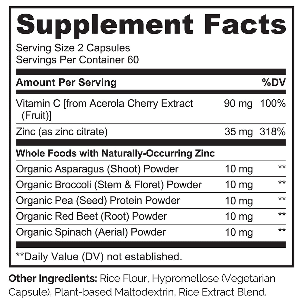 Vitamin C from organic acerola cherry in vegan zinc formula