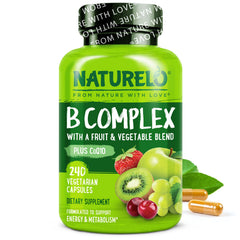 Naturelo Vitamin B Complex bottle front shows vegan capsules for daily energy support.
