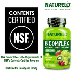 Naturelo B Complex image with whole-food blend suggesting organic fruits and vegetables nutrition.