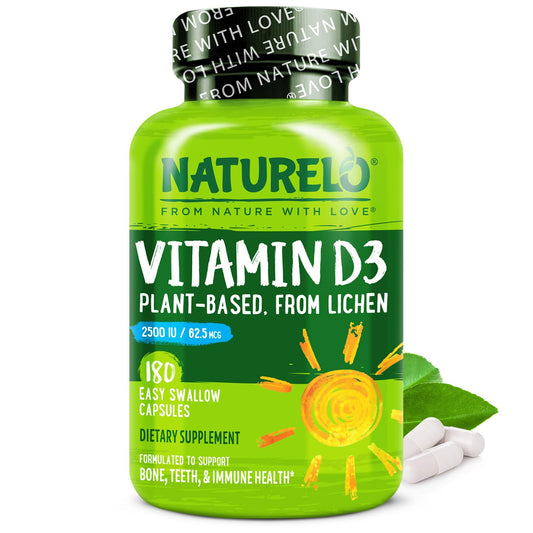 Naturelo Vitamin D3 2500 IU bottle showing plant-based source from lichen