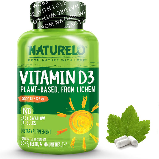 Naturelo Vitamin D3 5000 IU bottle with label highlighting plant-based D3 from lichen