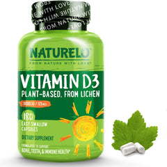 Naturelo Vitamin D3 5000 IU bottle with label highlighting plant-based D3 from lichen
