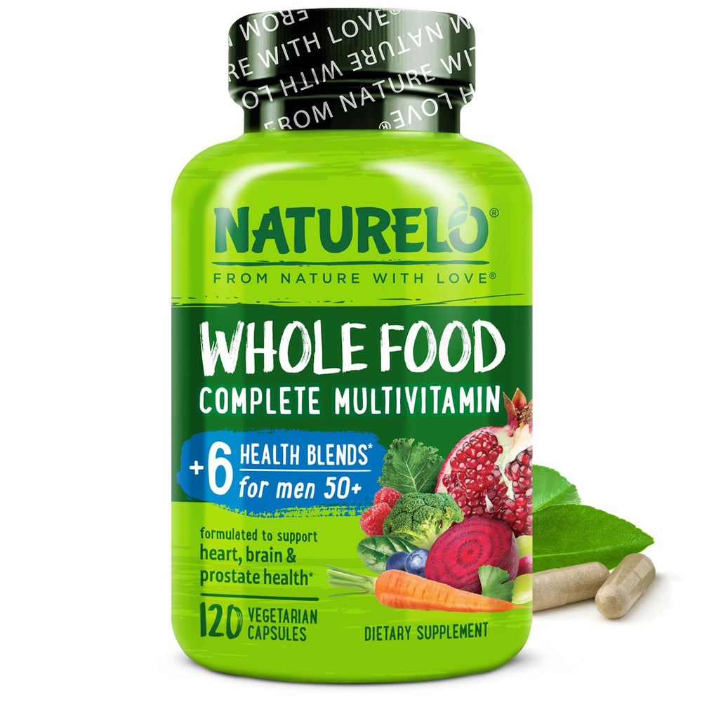 Naturelo Whole Food Multivitamin for Men 50+ bottle on table supports daily wellness.