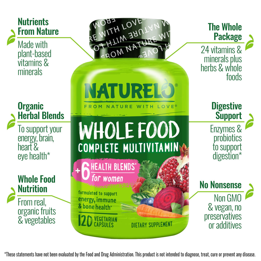 NATURELO Whole Food Multivitamin for Women bottle back label with nutrition facts