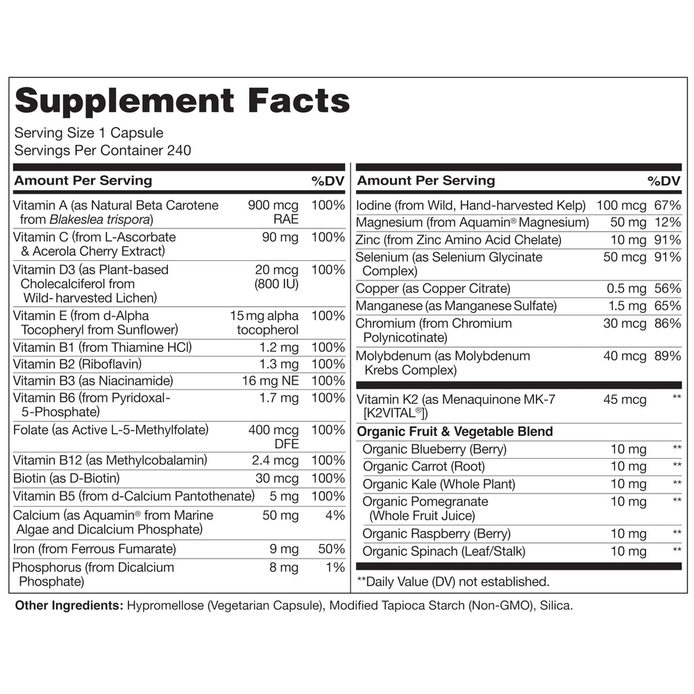 Close-up of vegan multivitamin bottle label