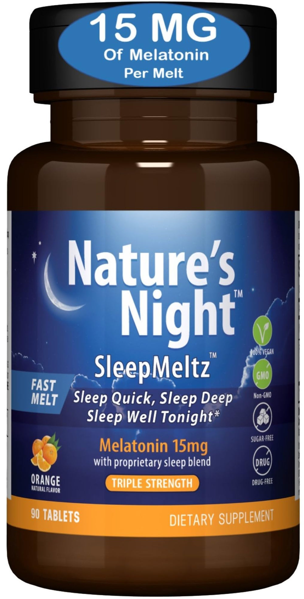 Nature's Night melatonin 15mg fast-dissolve tablets with orange flavor, 90 count