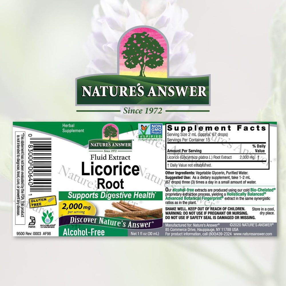 Close-up of Licorice Root Extract dropper showing 1000 mg per serving on the label