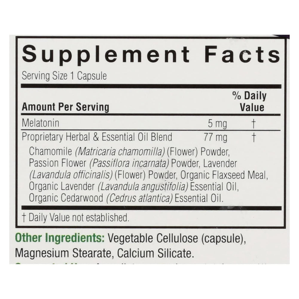Melatonin+ capsules with lavender and cedarwood essential oils and phyto-herbal blend (chamomile, passion flower, flaxseed)