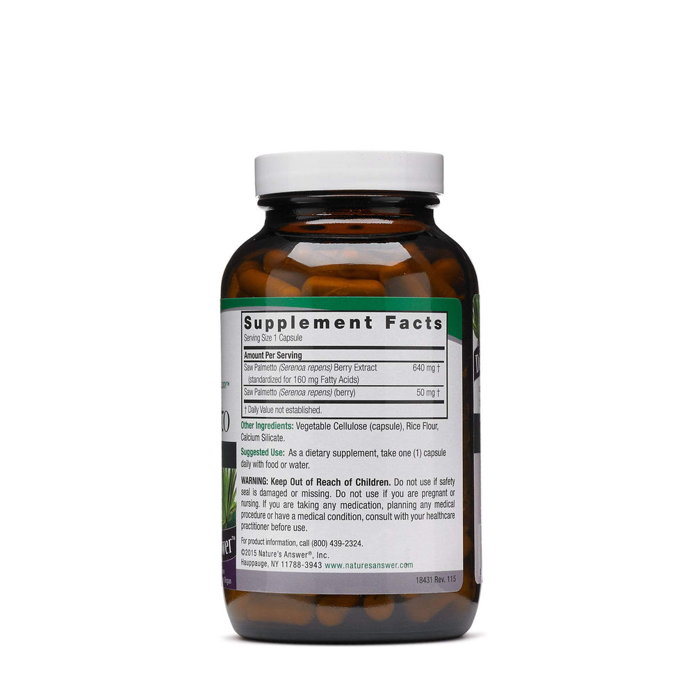 Close-up of Nature's Answer Saw Palmetto standardized extract (160 mg fatty acids)
