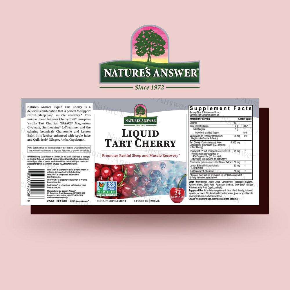 Pouring Nature's Answer Tart Cherry 8 oz liquid into a glass