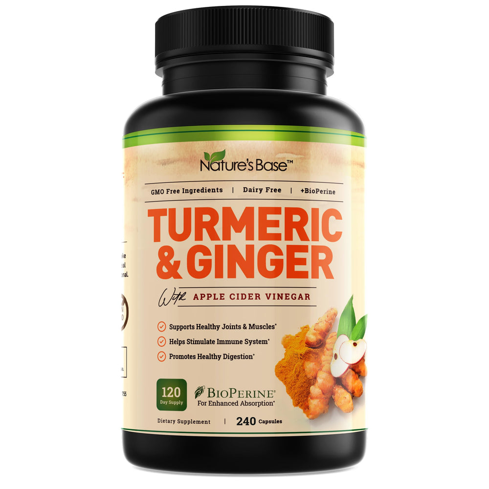 Nature's Base turmeric-ginger supplement bottle for daily wellness and easy dosing.