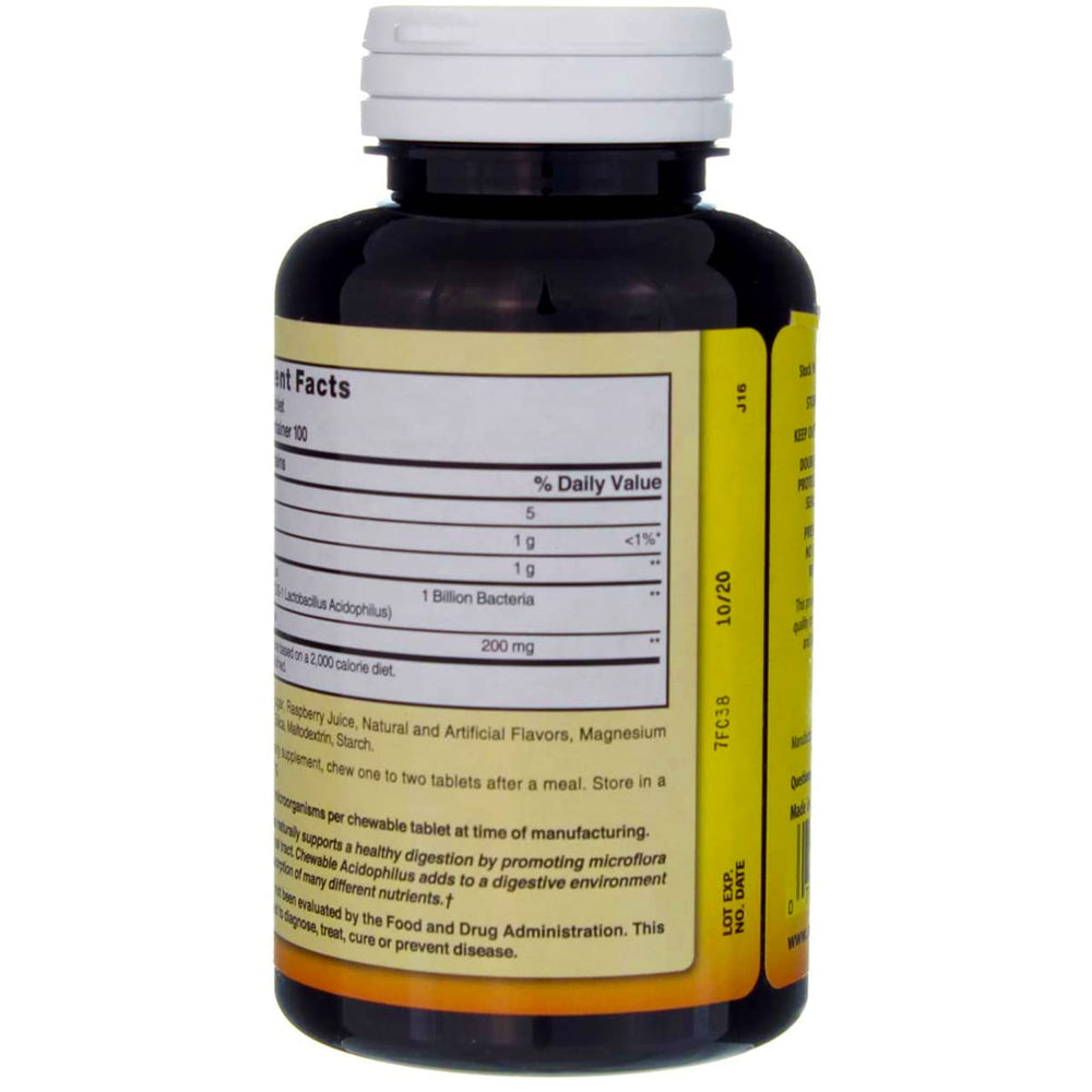 Chewable raspberry-flavored probiotic tablets arranged on white background
