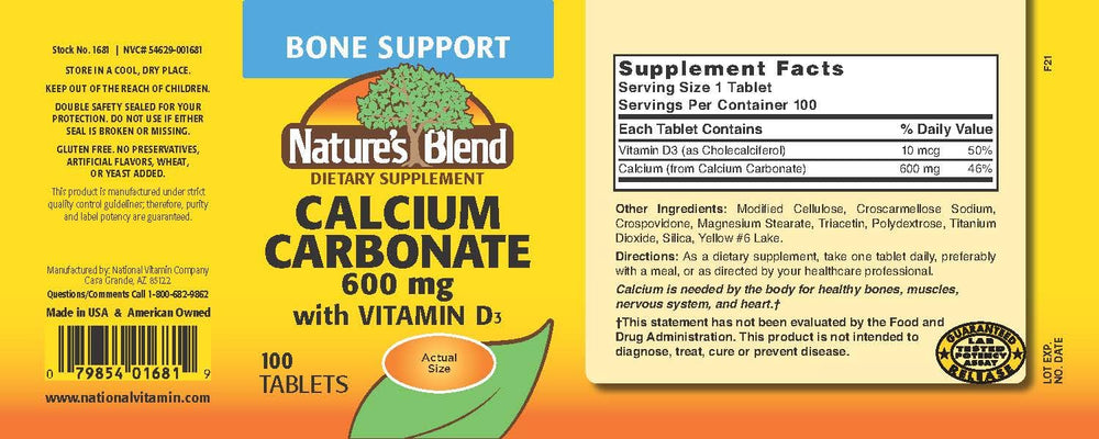 Close-up of Nature's Blend bottle label for calcium carbonate with D3