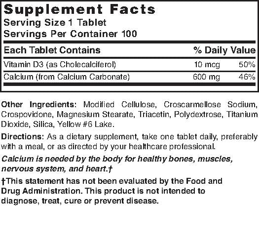 Back label of Nature's Blend Calcium Carbonate 600 mg with D3 400 IU bottle