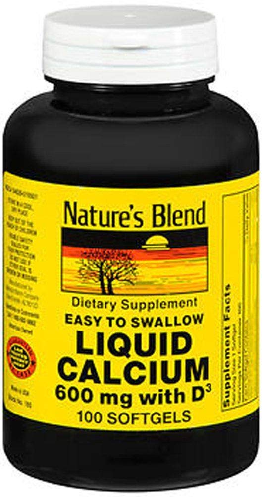 Nature's Blend Calcium Liquid 600 mg with D3 400 IU Softgel bottle – 100 count