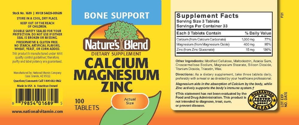 Close-up of Nature's Blend Calcium Magnesium Zinc Tabs tablets - unflavored