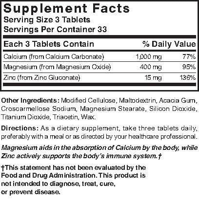 Nature's Blend Calcium Magnesium Zinc Tabs bottle label - unflavored, 100 count