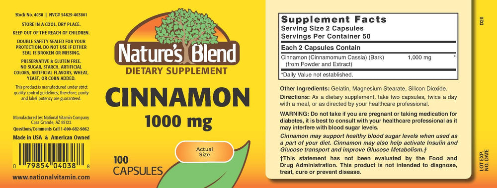 Close-up of Nature's Blend Cinnamon 1,000 mg 100 Caps label