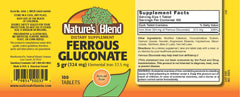 Close-up of Nature's Blend Ferrous Gluconate Tablets bottle label